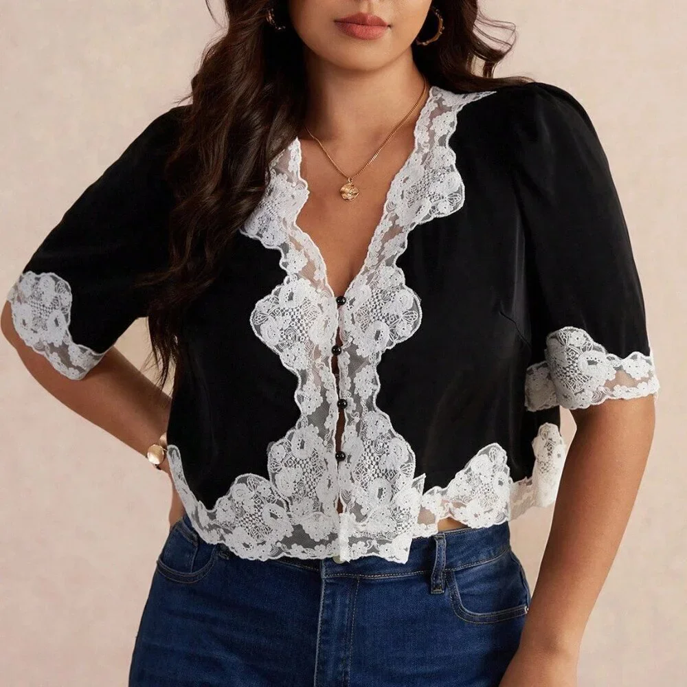 Plus Size boho Black Women's Lace Blouse with Puff Sleeves